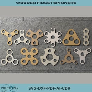 May include: Ten different wooden fidget spinner designs. The spinners are in various shapes, including a triangle, a star, a circle, and a cross. The spinners are all made of light brown wood.