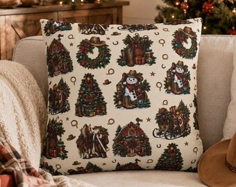 Western Christmas Pillow Cover Cowboy Christmas Decor Rustic Ranch Throw Pillow Horse Barn Snowman Holiday Farmhouse Gift hunting cabin gift