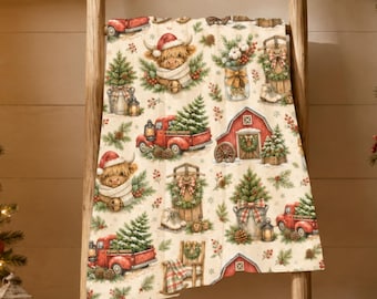 Farmhouse Christmas Blanket Highland Cow Red Truck Winter Barn Cozy Holiday Throw Rustic Country Home Decor Gift