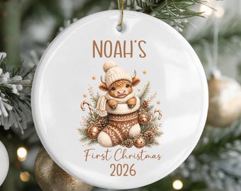 Personalized Baby First Christmas Ornament 2026, Highland Cow in Stocking, Custom Name Newborn Keepsake, Neutral Farmhouse Gift for Boy Girl