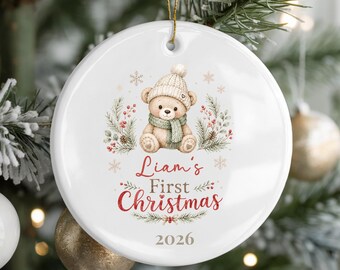 Adorno navideño personalizado para la primera Navidad del bebé 2026, osito de peluche, recuerdo para recién nacidos, regalo de Navidad personalizado con el nombre del bebé para padres primerizos.