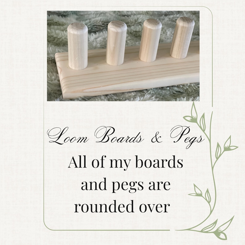 May include: A light-colored wooden loom board with four cylindrical pegs. The pegs are evenly spaced along the board. The text "Loom Boards & Pegs" and additional text are visible in the image.