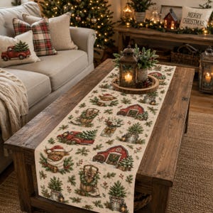 May include: A cream-coloured table runner featuring a repeating Christmas pattern of Highland cows wearing Santa hats, red barns, vintage trucks carrying pine trees, wooden sleds, and mason jars filled with greenery, accented by pine branches.