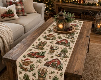 Farmhouse Christmas Table Runner Highland Cow Red Truck Rustic Barn Holiday Dining Decor Cozy Country Kitchen Hostess Gift tablescape