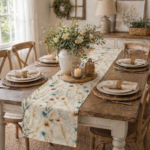 Può includere: Un tavolo da pranzo rustico in legno apparecchiato per un pasto. Il tavolo è adornato con un runner a motivi floreali, posate e un centrotavola con fiori in un vaso bianco. Una candela accesa e bottiglie decorative completano l'atmosfera.