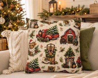 Farmhouse Christmas Pillow Cover Highland Cow Red Truck Rustic Barn Holiday Throw Pillow Cozy Country Winter Home Decor Gift