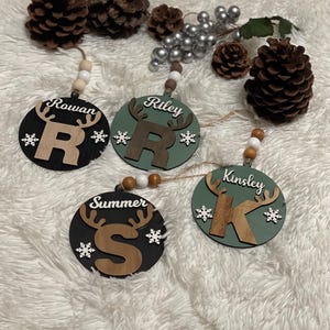 Personalized ornaments layered wooden ornaments alphabet laser cut letter with antlers rustic handmade ornament reindeer custom initial gift