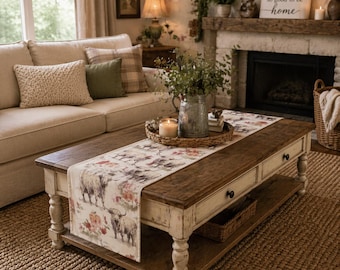 Highland Cow Floral Table Runner Farmhouse Decor Rustic Cow Kitchen Decor Country Farm Table Runner Neutral Cottage Style