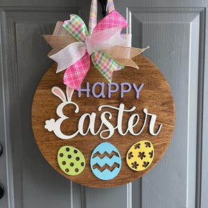 Easter door hangers happy Easter 3 bunny sign door hanger shaped like an egg  spring door hanger with garden flowers