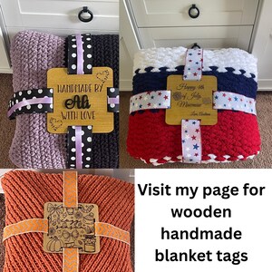 May include: A collection of handmade blankets in various colors, including purple, black, red, white, and orange. Each blanket is tied with decorative ribbon and a wooden tag. The tags read "Handmade by Ali with Love" and "Happy 4th of July, Mawmaw."