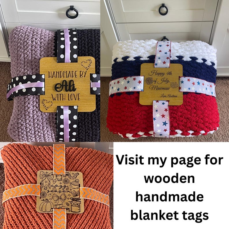 May include: A collection of handmade blankets in various colors, including purple, black, red, white, and orange. Each blanket is tied with decorative ribbon and a wooden tag. The tags read "Handmade by Ali with Love" and "Happy 4th of July, Mawmaw."