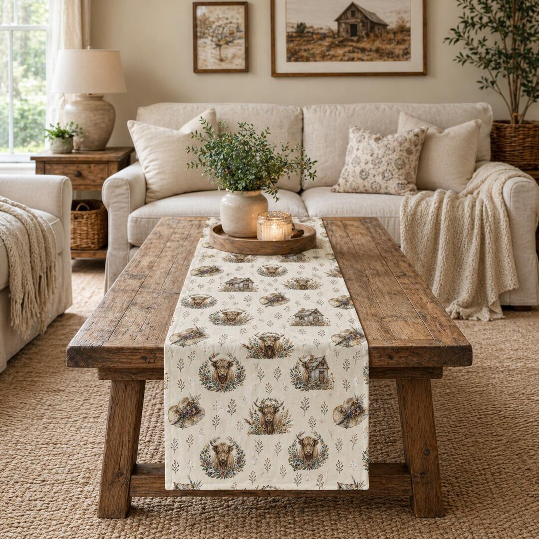 Western Rustic Table Runner Highland Cow Table Runner Boho Farmhouse Runner Rustic Cottage Table ...
