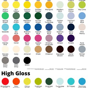 Puede incluir: Una carta de colores con una variedad de pinturas en aerosol de alto brillo. La carta incluye tonos como Rojo Manzana, Azul Cielo y Marr&oacute;n Espresso, con las palabras "Gloss" y "High Gloss".