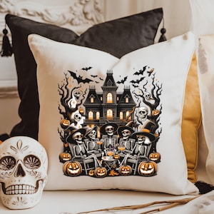 Skeleton Witches Haunted House Halloween Pillow Cover Spooky Fall Throw Pillow Pumpkins & Bats Gothic Farmhouse couch pillow sofa halloween