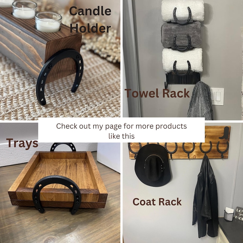 May include: A collection of rustic home decor items. Includes a wooden candle holder with three glass votives, a towel rack with three horseshoe-shaped holders, a wooden tray with a horseshoe handle, and a coat rack with a hat and jacket.