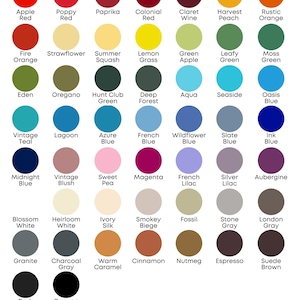 Puede incluir: Una carta de colores etiquetada como "Satin" muestra una variedad de colores de pintura en muestras circulares. Los colores van desde rojos y naranjas hasta verdes, azules y grises, con nombres como "Rojo Manzana", "Azul Franc&eacute;s" y "Negro Ca&ntilde;&oacute;n".