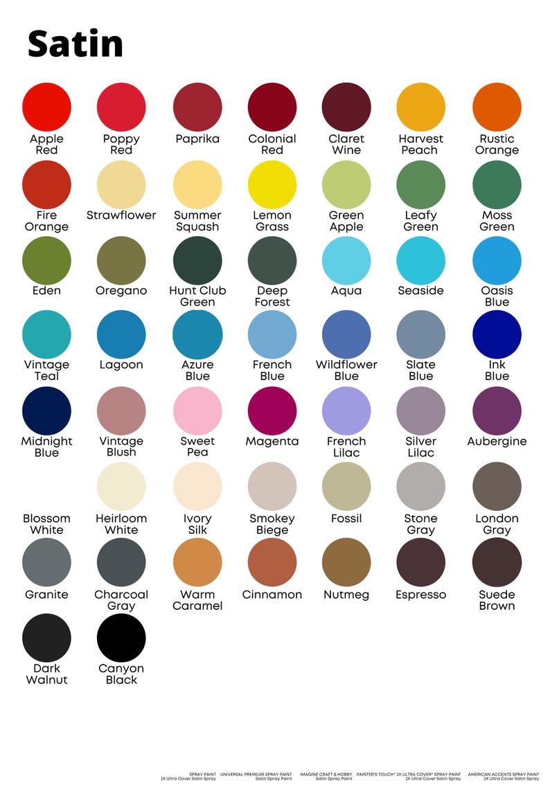 Puede incluir: Una carta de colores etiquetada como "Satin" muestra una variedad de colores de pintura en muestras circulares. Los colores van desde rojos y naranjas hasta verdes, azules y grises, con nombres como "Rojo Manzana", "Azul Franc&eacute;s" y "Negro Ca&ntilde;&oacute;n".