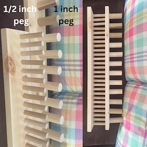 May include: Two wooden peg boards with different sized pegs. The board on the left has 1/2 inch pegs and the board on the right has 1 inch pegs. Both boards are made of natural wood.