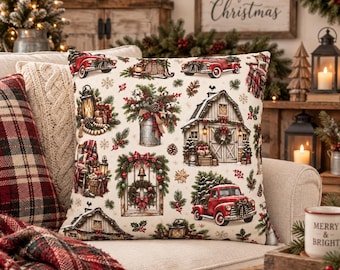 Rustic Farmhouse Christmas Pillow Cover Vintage Red Truck Holiday Decor Cozy Country Christmas Throw Pillow Winter Farmhouse Gift