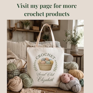 May include: Cream-colored tote bag with the word "CROCHET" above a basket of yarn balls. The bag also features "Social Club Elizabeth" text. Various yarn balls in shades of green, pink, and beige surround the bag.