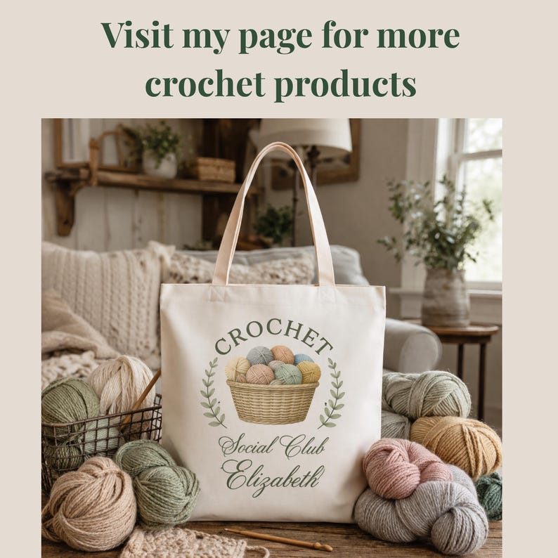 May include: Cream-colored tote bag with the word "CROCHET" above a basket of yarn balls. The bag also features "Social Club Elizabeth" text. Various yarn balls in shades of green, pink, and beige surround the bag.