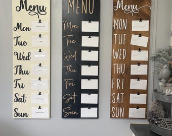 Tablero de menú rústico de casa de campo, planificador semanal de comidas con clips, decoración de pared de cocina de casa de campo, organizador de cenas familiares de madera cortada con láser en capas