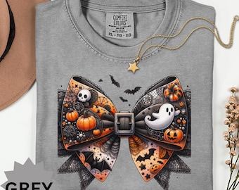 Halloween Bow T-shirt girly Spooky Season comfort colors cute Halloween ghost and pumpkin tee gothic bow spooky but cute witchy coquette