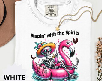 Summerween skeleton floaty cocktail shirt Flamingo T-Shirt Halloween Cocktail Tee Retro Pool Party Skeleton Shirt