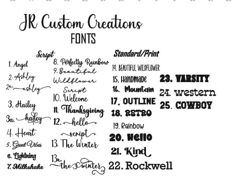 Puede incluir: Imagen en blanco y negro que muestra una variedad de fuentes. El texto "JR Custom Creations FONTS" est&aacute; en la parte superior. Los estilos de fuente incluyen script y est&aacute;ndar/impresi&oacute;n, con ejemplos como "Angel", "Varsity" y "Cowboy".