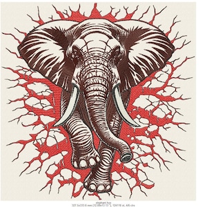 May include: An embroidered design featuring a detailed elephant with large tusks, emerging from a red, cracked background. The elephant is brown with white tusks, set against a cream-colored backdrop. The text "elephant.hus" is at the bottom.