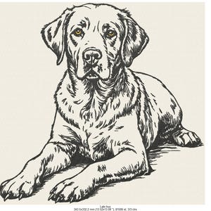Może przedstawiać: Czarno-biała ilustracja leżącego psa rasy Labrador Retriever, z żółtymi oczami. Pies jest narysowany w szczegółowym, szkicowym stylu, z widoczną fakturą sierści. Tło jest kremowe.