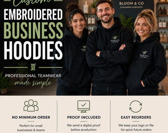 Custom Embroidered Hoodie, Personalised Company Logo Hoodie, Business Merch, Branded Workwear Uniform
