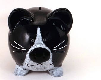 Black and White Kitty Piggy Bank, Personalized Piggy Bank, Kitty Cat Bank, Cat Lovers Decor, Kitten Savings Bank, with hole or NO hole