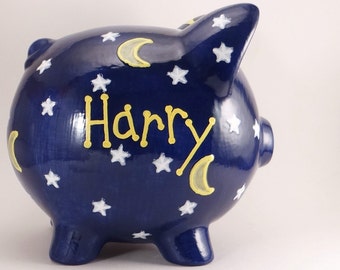 Night Sky Piggy Bank, Personalized Piggy Bank, Starry Night Piggy Bank, Outer Space Star Theme, Wizard Piggy Bank, with hole or NO hole