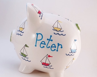 Sail Boats Piggy Bank, Personalized Piggy Bank, Boating Bank, Nautical Piggy Bank, Ceramic Ship Piggy Bank, with hole or NO hole in bottom
