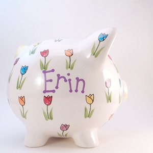 Tulip Piggy Bank, Personalized Piggy Bank, Nature Theme Bank, Flower Bed Bank, Flowers Garden Gardening Theme Bank, with hole or NO hole