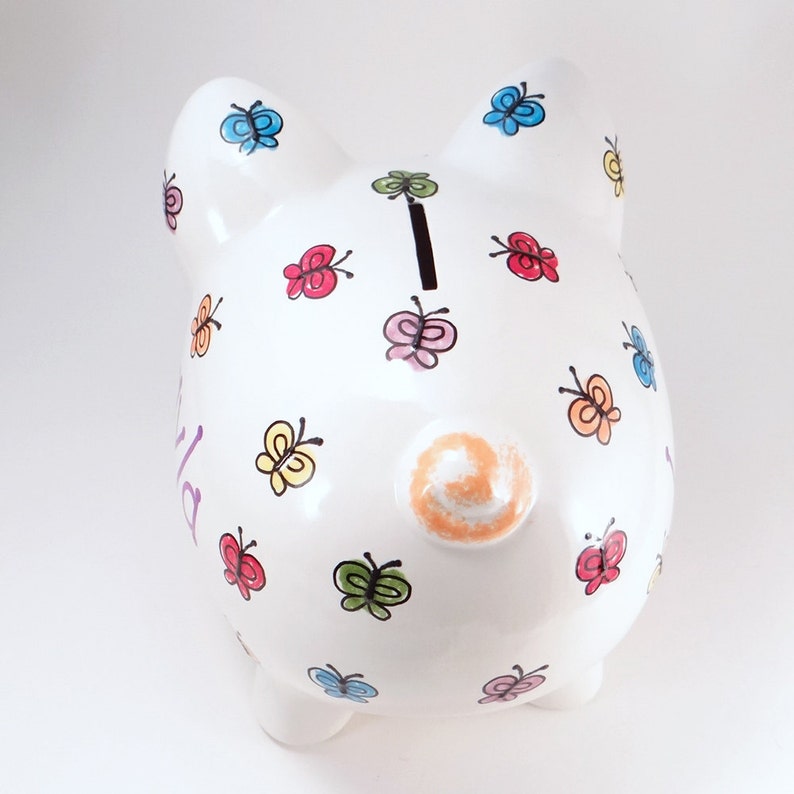 Bright Butterfly Piggy Bank, Butterfly Ceramic Bank, Girls Personalized Piggy Bank, Insect Bug Piggy Bank, with hole or NO hole in bottom image 3