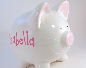 White Kitty Cat Personalized Piggy Bank, Piggy Bank, Cat Lovers Gift, Pussy Cat Savings Bank, Ceramic Kitten Decor, with hole or NO hole