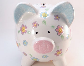 Daisy Piggy Bank, Personalized Piggy Bank, Piggy Bank with Flowers, Girls Pastel Piggy Bank, Garden Theme Bank, with hole or NO hole