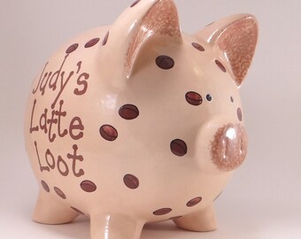 Coffee Bean Piggy Bank, Personalized Piggy Bank, Cappuccino Latte Money Bank, Tan Ceramic Bank, Coffee Money Bank, with hole or NO HOLE