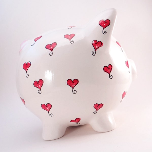 Hearts Piggy Bank, Personalized Piggy Bank, Red Heart Piggy Bank, Ceramic Piggy Bank, Love Piggy Bank, Valentine Bank, with hole or NO hole
