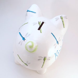 Blue & Green Dragonfly Piggy Bank, Personalized Piggy Bank, Bug Bank, Blue Green Insect Piggy Bank, Outdoor Fun Bank, with hole or NO hole image 3