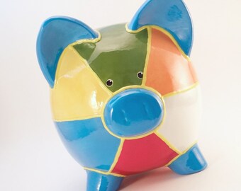 Beach Ball Piggy Bank, Personalized Piggy Bank, Beach Vacation Piggy Bank, Personalized Colorful Ceramic Piggy Bank, with hole or NO hole