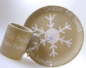 Snowflake Plate AND Mug, Personalized Cookies for Santa Set, Holiday Eve Cookie Plate, Santa Treat Set, Winter Cookie Plate and Mug