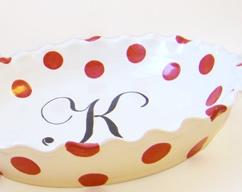 Polka Dot Pie Dish, Personalized Pie Plate, Polka Dot & Monogram Pie Plate, Personalized Initial Baking Dish, Fun Ceramic Personal Pie Plate