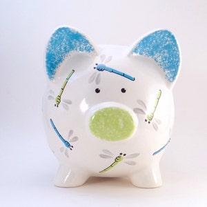 Blue & Green Dragonfly Piggy Bank, Personalized Piggy Bank, Bug Bank, Blue Green Insect Piggy Bank, Outdoor Fun Bank, with hole or NO hole image 1