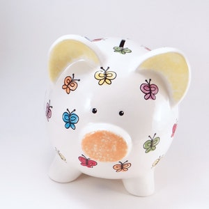 Bright Butterfly Piggy Bank, Butterfly Ceramic Bank, Girls Personalized Piggy Bank, Insect Bug Piggy Bank, with hole or NO hole in bottom