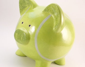 Tennis Ball Personalized Piggy Bank, Piggy Bank, Tennis Racket Savings Bank, Green Sports Theme Piggy Bank, with hole or NO hole in bottom