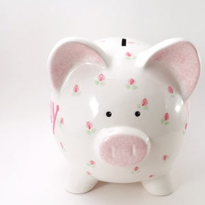 Rosebuds Piggy Bank, Personalized Rosebud Bank, Ceramic Piggy Bank with Flowers, Flower Girl Piggy Bank, Rose Bank, with hole or NO hole