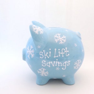 Snowflake Piggy Bank, Winter Personalized Piggy Bank, Frosty Ceramic Bank, Snow Ski Vacation Piggy Bank, with hole or NO hole in bottom